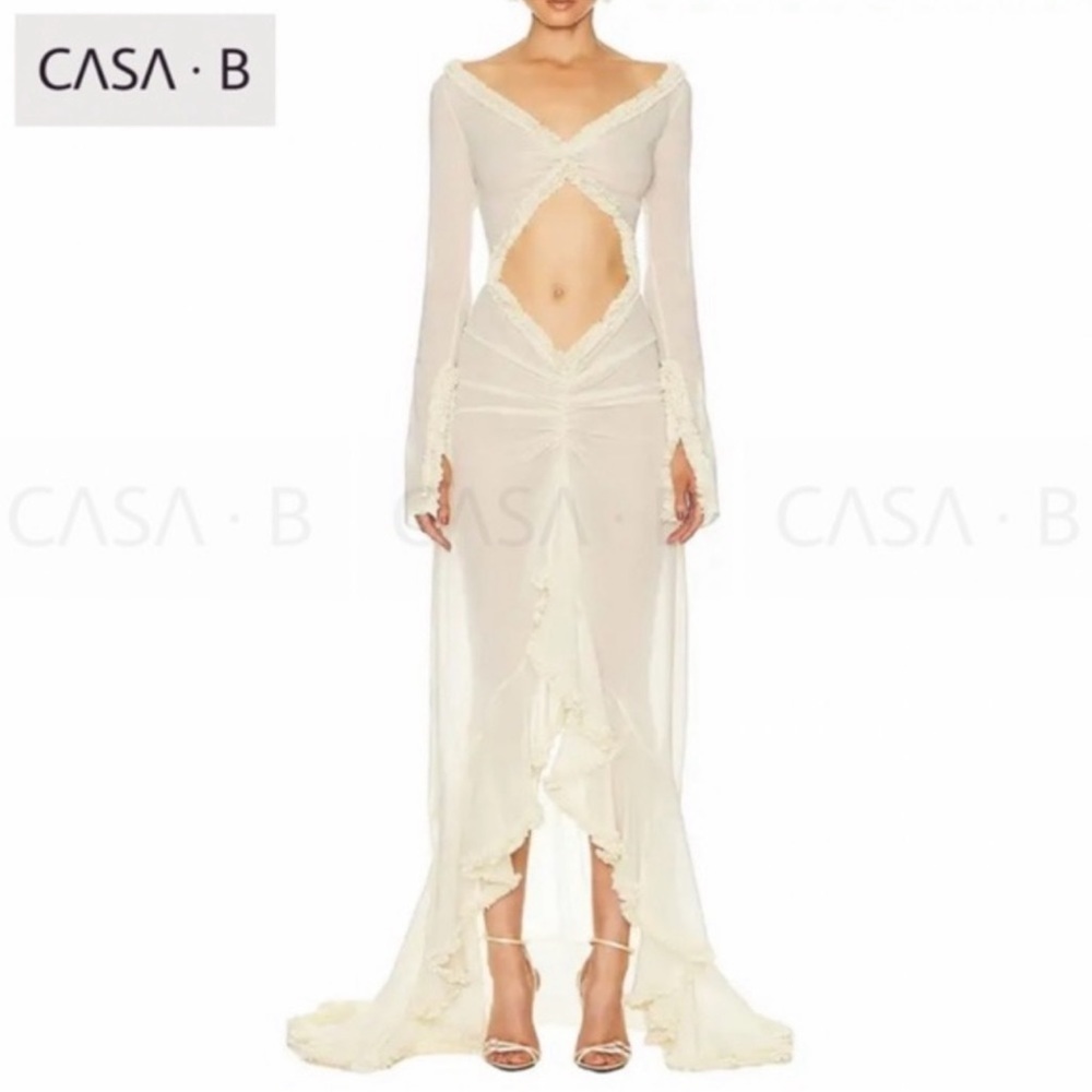 5⭐️CASA B| “Glamour de Cannes” Mesh Cut-Out Frill Sheer Maxi Gown